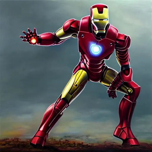 Image similar to photorealistic oil painting of a scrap built iron man suit flying in a post apocalyptic world