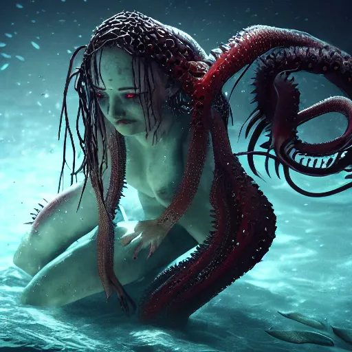 Image similar to beautiful, terrifying, demonic, full body female, with the body of a goddess, with parasitic tentacles crawling up her, in a underwater horror scene, photo realistic, dramatic cinematic lighting, octane render, 4k, ultra detailed,