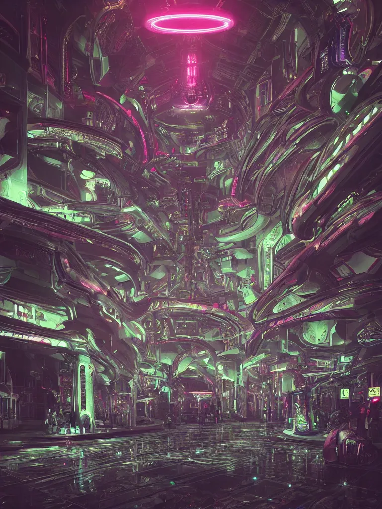 Image similar to futuristic gothic interior of a busy spaceport on an alien world, neon lighting and spotlights, intricate artwork by moebius. trending on artstation, very coherent symmetrical artwork. cinematic, hyper realism, high detail, octanerender
