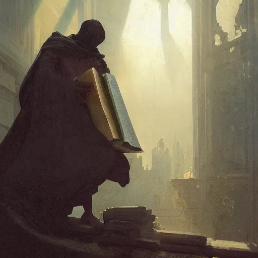 Image similar to half portait of magican wearing a closed cowl and big old book! chained to the wrist, jeremy mann, jean - leon gerome, tiepolo, alphonse mucha, greg rutkowski, face in the shadows, ( ( ruins of ancient rome ) ), at dusk, mysterious atmosphere, sunrays, dof, high detailed, 8 k