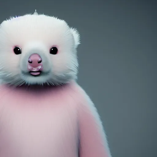 Prompt: white mink with nimbus of pink bacteria around the neck, unreal engine, starring at camera, matte background, high symmetry, 8k