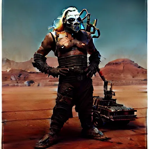 Image similar to Portrait of Immortan Joe by Greg Rutkowski. He is making an announcement from his war rig in the desert by Mark Arian. It is bright and desolate and rusty by H.R. Giger. soft render, octane, highly detailed painting by Moebius. artstation Blank Canvas Scene by Tetsuya Nomura.