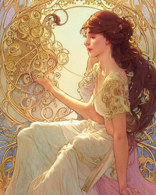 Prompt: romance | highly detailed | very intricate | art nouveau | gold filigree | romantic storybook fantasy | soft cinematic lighting | award - winning | disney concept art watercolor illustration by mandy jurgens and alphonse mucha and alena aenami | pastel color palette | featured on artstation