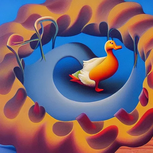 Prompt: a duck on the prowl oil painting octavio ocampo