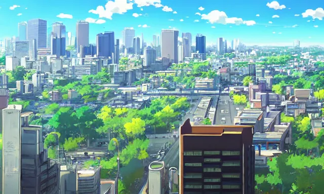 Prompt: Overlooking a modern city, summer sunny day, by Makoto Shinkai, super wide angle