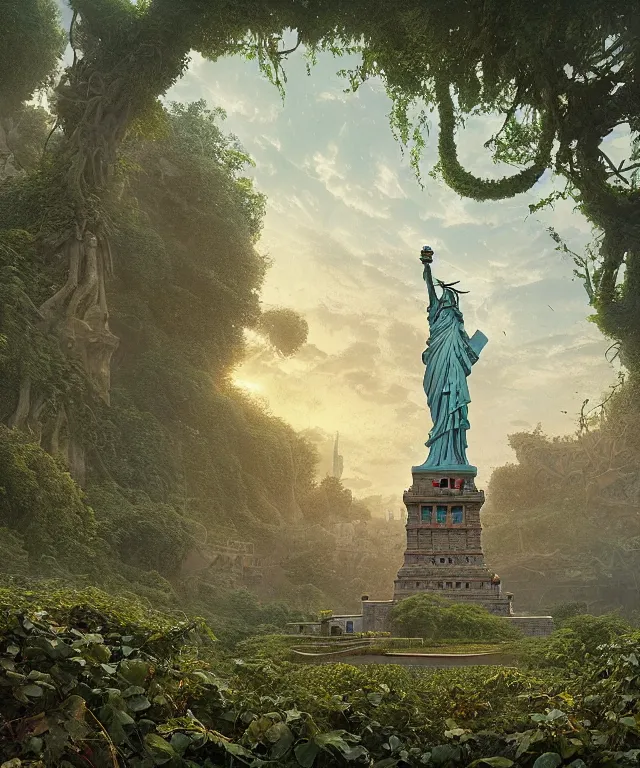 Image similar to highly detailed digital matte painting of an overgrown, abandoned, damaged Lady of Liberty, taken back by nature, vines. Full shot. By Raphael LaCoste and Ruan Jia and Robert McCall, postcyberpunk, geodesic dome, hyperdetailed, sunrise, wide shot, autochrome, octane render