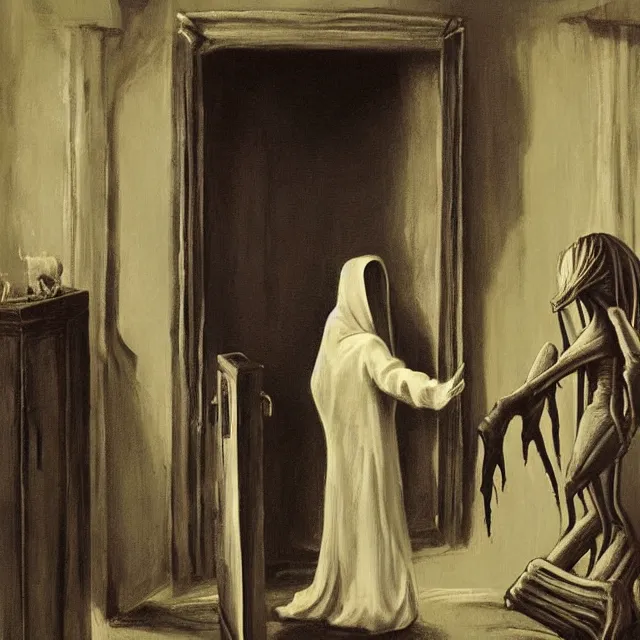 Image similar to a strange creature greeting a female explorer in a dining room, haunted house, rhads!, a hooded figure, a fierce woman, ( h. r. giger )