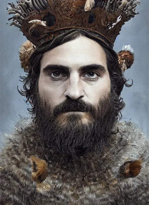 Prompt: a hyper detailed portrait of joaquin phoenix with a crown made of animals, cow horns, sheep wool, chicken feather armor, majestic, angelic, by anna podedworna, by miklos ligeti, by diego maricato, by taran fiddler, by antonino truisi, by chris reddie, by jinsung lim, trending on artstation