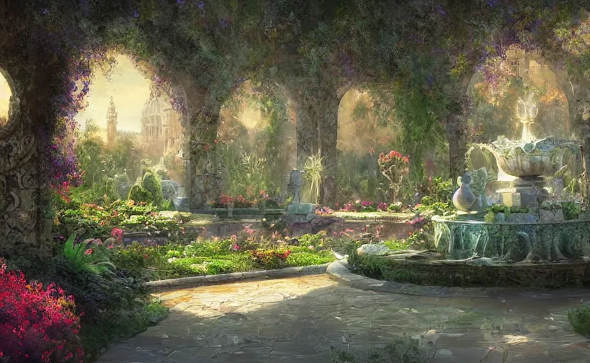 Image similar to Beautiful garden, next to a fountain and a mystical palace. By William-Adolphe Bouguerea, Jordan grimmer, fractal flame. Highly_detailded