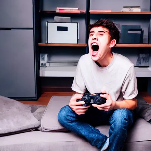 Prompt: 20 year old man screaming at a Playstation.