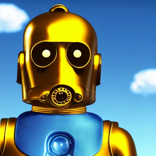 Prompt: image portrait of Simpson as C3PO in star wars, background blue sky puffy clouds cinematic 4k