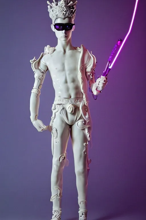 Image similar to full-body neon bladerunner porcelain baroque greek style sculpture of a young prince Zayn Malik as a high-fashion half-robot wearing retro shades with a porcelain body with an opening exposing a battery leaking radioactive liquid, electric sparks, glowing violet laser beam eyes, crown of giant rubies, flowing pink and orange neon-colored silk, luminescent fabrics, mechanical raptors. baroque and steampunk elements. full-length view. baroque element. intricate artwork by caravaggio. Very very very very highly detailed epic photo of face. Trending on artstation, octane render, cinematic lighting from the right, hyper realism, octane render, 8k, depth of field, 3D