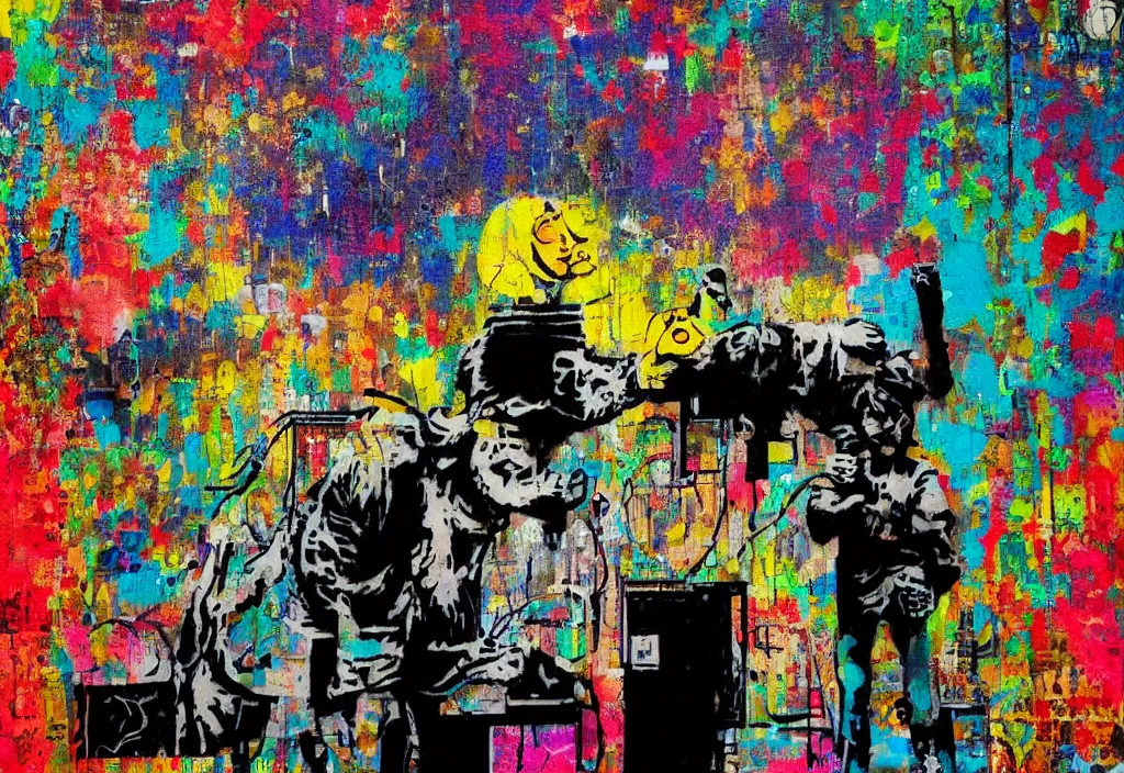 Image similar to full color banksy graffiti with statement of ai art is not art, detailed, realistic, glitch art effect