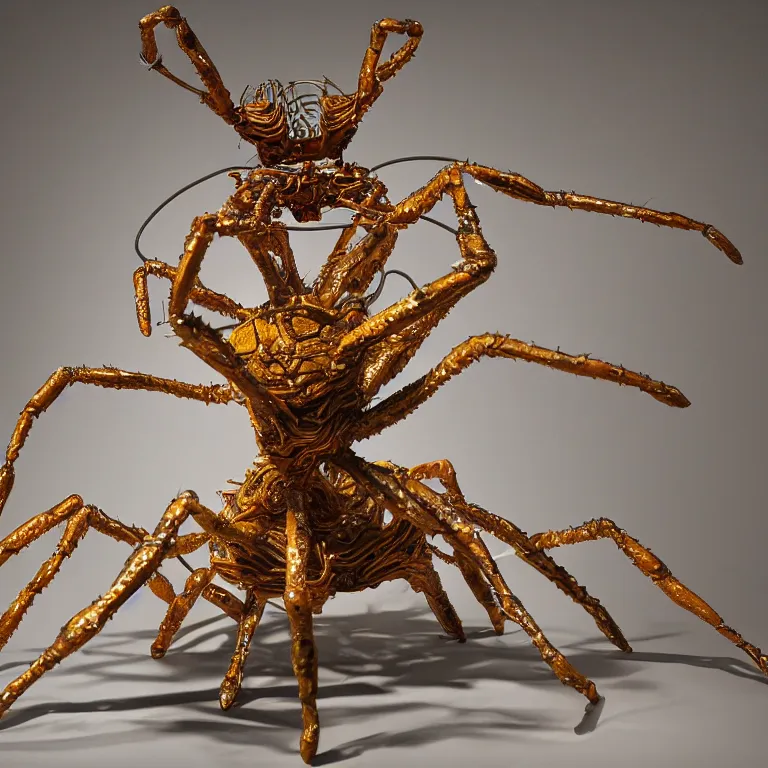 Prompt: hyperrealistic sculpture of a bronze fossilized spider crab in a cage made of colorful plastic wire on a pedestal by ron mueck and duane hanson and lee bontecou, hyperrealistic dramatic colored lighting trending on artstation 8 k