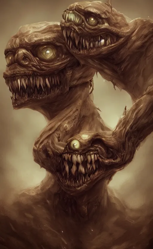 Image similar to full body portrait of of a two headed monster smiley creepily, dynamic lighting, photorealistic, fantasy concept art, ambient lighting, atmospherical, stunning visuals, creative, cinematic, ultra detailed, trending on art station