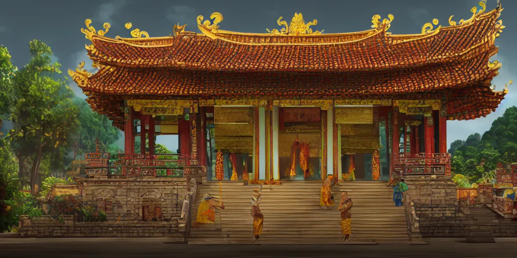 Image similar to vietnamese temple scene, side scroller, 2 d game art background, sharp, detailed, intricate, game level design, cinematic lighting, ultrarealistic, photorealistic, trending on artstation, in the style of vinodh sivaraja