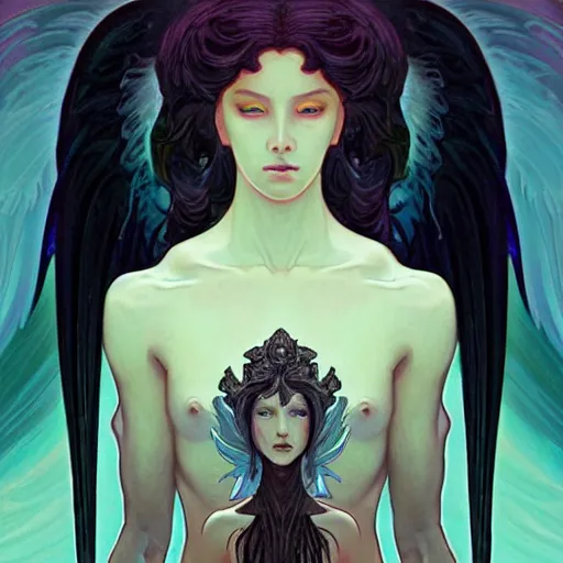 Image similar to A Pixel Art portrait of A beautiful!!!! angel in black flames by Ross Tran!! and alphonse mucha and greg rutkowski! and Zdzisław Beksiński!!,In style of digital art.Symmetrical face.dark Fantasy,smooth,hyper detailed,sharp focus,Soft light.4k