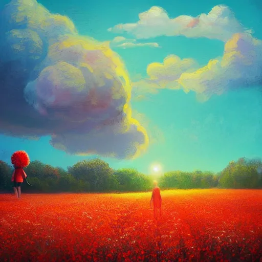 Image similar to giant red flower afro, full body, girl walking in the middle of a field with flowers, surreal photography, hills, sunrise dramatic light, impressionist painting, colorful clouds, digital painting, pointillism, artstation, simon stalenhag