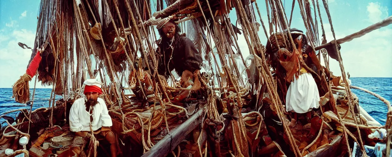 Image similar to the pirate blackbeards spaghetti treasure, aboard his sailboat, caribbean, 1 7 0 0 s, canon 2 0 mm, photograph, kodachrome,