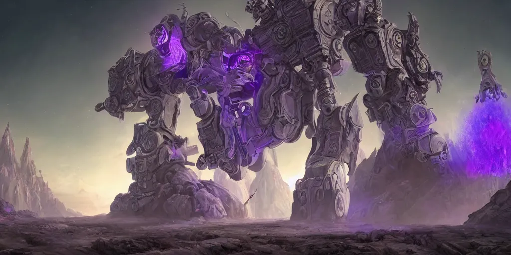 Prompt: ( digital painting of a big humanoid robot, made of white stone, purple crystal inlays ), warcraft kyrian style, by jonas de ro and samwise didier, keeping the entrance of a sanctum, crystals enlight the scene, view is centered on the robot, cinematic lights, at dawn, unreal engine, artstation, deviantart