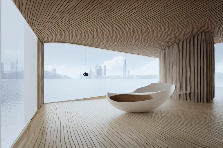 Image similar to a lot of white egg shaped spherical spaces are combined and intersected to form a skum white building. on the calm lake surface, people's perspective, future, interior wood, marble, award winning, highly detailed 4 k art, dusk, unreal engine highly rendered, global illumination, radial light, internal environment