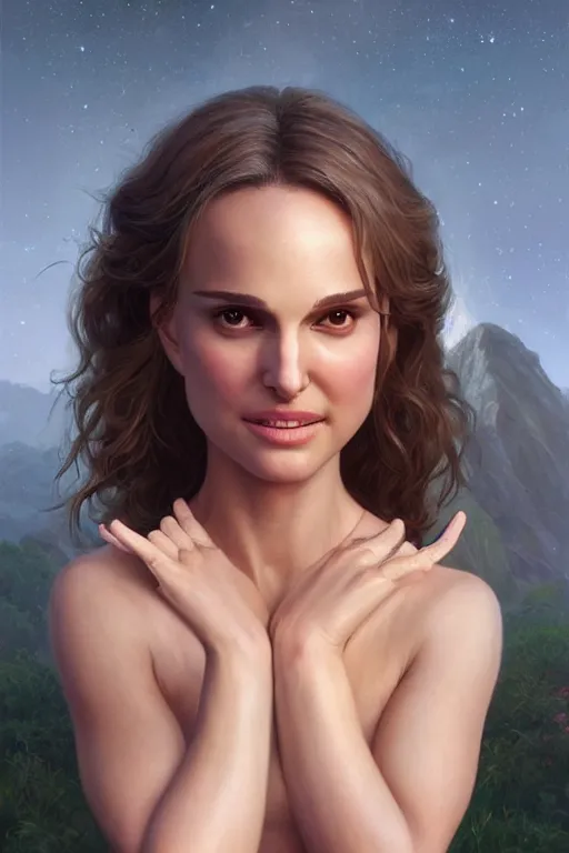 Image similar to Natalie Portman as a Smiling Goddess, soft, only two hands, highly detailed, digital painting, artstation, concept art, smooth, sharp focus, illustration, Unreal Engine 5, 8K, art by art by artgerm and greg rutkowski and edgar maxence