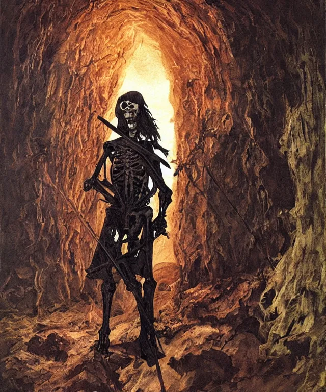 Image similar to ultra realistic color portrait painting of an skeletal 1 7 th century pirate with a sword in a grotto, dark, painted, brooding, atmospheric, seascape, lovecraft, horror, smooth, epic, highly detailed, cinematic, by angus mcbride