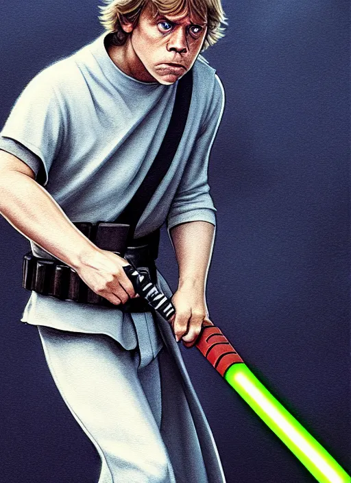 Image similar to Luke Skywalker using a baseball bat instead of a Lightsaber in star wars, highly detailed, digital painting, artstation, concept art, sharp focus, illustration, cinematic lighting, art by artgerm and greg rutkowski and alphonse mucha diffuse lighting, fantasy, intricate, elegant, highly detailed, lifelike, photorealistic, digital painting, artstation, illustration, concept art, smooth, sharp focus, art by John Collier and Albert Aublet and Krenz Cushart and Artem Demura and Alphonse Mucha