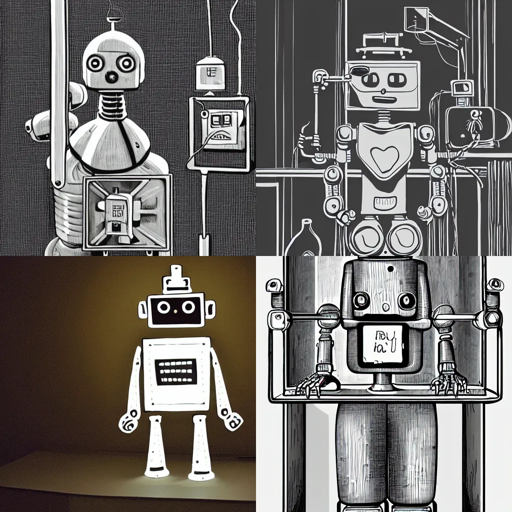 Prompt: robot, made of tin, standing, sad, in a laboratory, white neon, illuminated, by phlegm, illustration