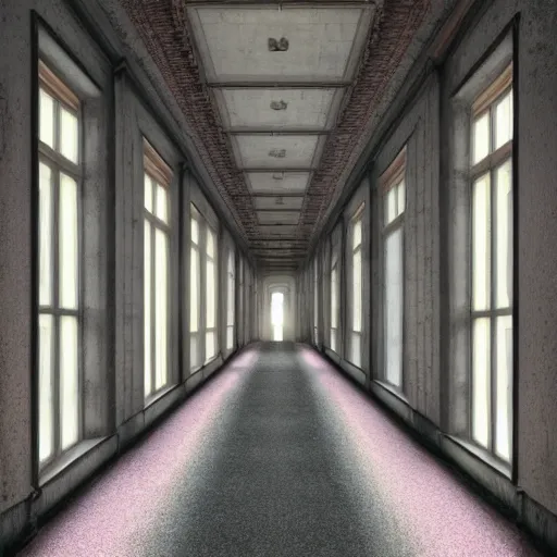 Image similar to a long colorful asylum hallway, one point perspective, vanishing point, symmetrical composition, rich colors, dramatic lighting, by lee madgwick, photorealistic, v - ray render 8 k uhd