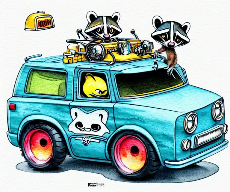 Image similar to cute and funny, racoon wearing a helmet riding in a tiny hot rod with oversized engine, ratfink style by ed roth, centered award winning watercolor pen illustration, isometric illustration by chihiro iwasaki, edited by range murata, tiny details by artgerm and watercolor girl, symmetrically isometrically centered