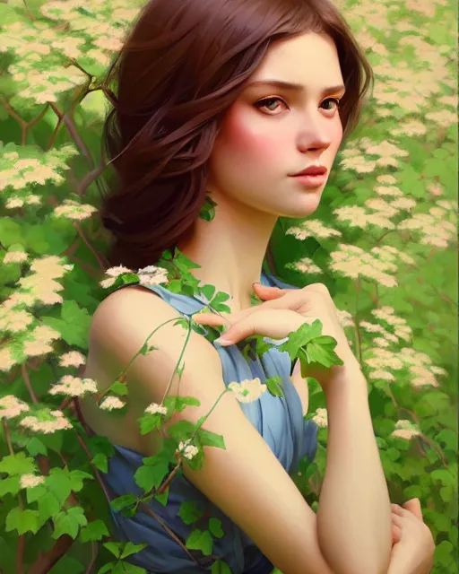 Image similar to stylized portrait of an artistic pose, composition, young lady sorrounded by nature, ivy's, flowers, realistic shaded, fine details, realistic shaded lighting poster by ilya kuvshinov, magali villeneuve, artgerm, jeremy lipkin and michael garmash and rob rey