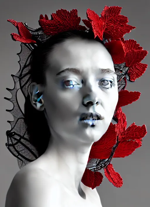 Image similar to complex 3d render ultra detailed of a beautiful porcelain profile young woman face, biomechanical cyborg, 200 mm lens, beautiful studio soft light, rim light, silver white gold red details, cubist magnolia monochromatic red big leaves and stems, roots, fine foliage lace, mesh wire, Alexander Mcqueen high fashion haute couture, art nouveau fashion embroidered, multilayered fabrics, intricate details, hyper realistic, ultra detailed, mandelbrot fractal, anatomical, facial muscles, cable wires, microchip, elegant, octane render, H.R. Giger style, black eyes, plump lips, volumetric lighting, 8k post-production, trending on Artstation