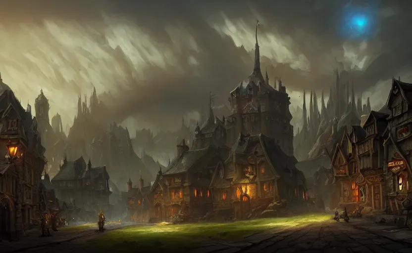 Image similar to extreme long shot concept art depicted old english majestic town, dramatic mood, overcast mood, dark fantasy environment, dieselpunk, art by legends of runeterra and league of legends and arcane, art by tony sart, trending on artstation, unreal engine, golden ratio, spectacular composition