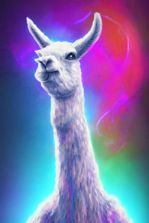 Image similar to vivid 3D animated designscapes with bursts of radiant particles–building an ethereal llama portrait, professional concept art, trending on artstation, geometric llama