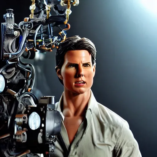 Image similar to animatronic Tom Cruise, exposed mechanics, photo, Stan Winston studios, detailed, 4k