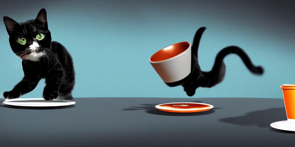 Image similar to tron cat knocking over a coffee cup with a disk