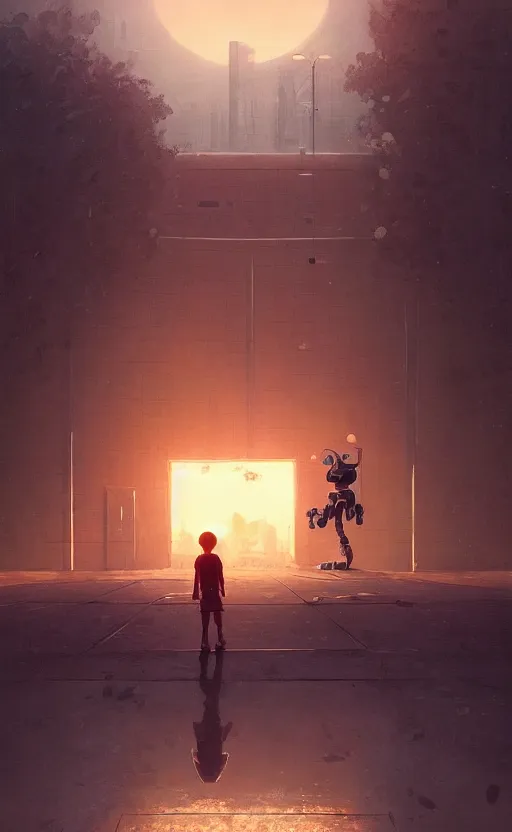 Image similar to digital painting of child playing with a huge humanoid robot in a park, sunset, a dark dystopian city behind a huge wall, stunning, cinematic lighting, concept art by greg rutkowski and simon stalenhag, artstation