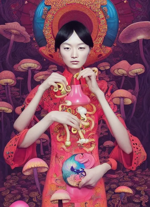 Image similar to pretty chinese model with hallucination mushroom : : by martine johanna and simon stalenhag and chie yoshii and casey weldon and wlop : : ornate, dynamic, particulate, rich colors, intricate, elegant, highly detailed, centered, vogue, fashion magazine, smooth, sharp focus, octane render, 8 k