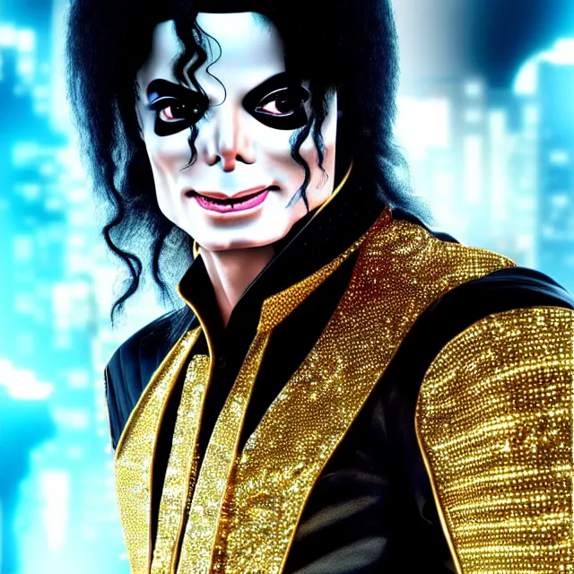 Image similar to beautiful!! futuristic cyberpunk michael jackson the devil. wearing super gem clothes, gold science fiction machinery, highly detailed 8 k hdr smooth sharp focus high resolution award - winning photo photorealistic