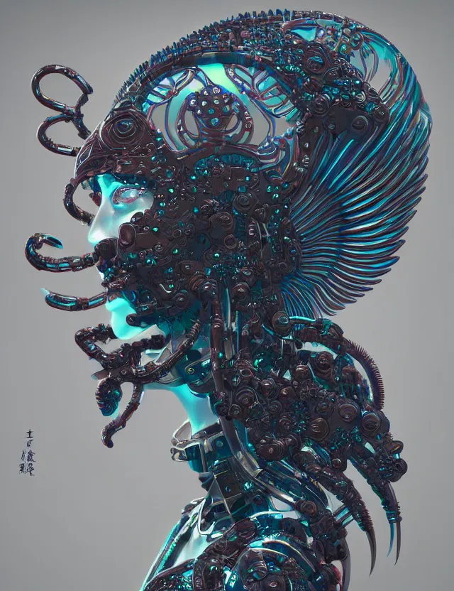 Image similar to 3 d goddess close - up profile simple portrait cybernetic with skull. beautiful intricately detailed japanese crow kitsune mask and clasical japanese kimono. betta fish, jellyfish phoenix, bio luminescent, plasma, ice, water, wind, creature, artwork by tooth wu and wlop and beeple and greg rutkowski