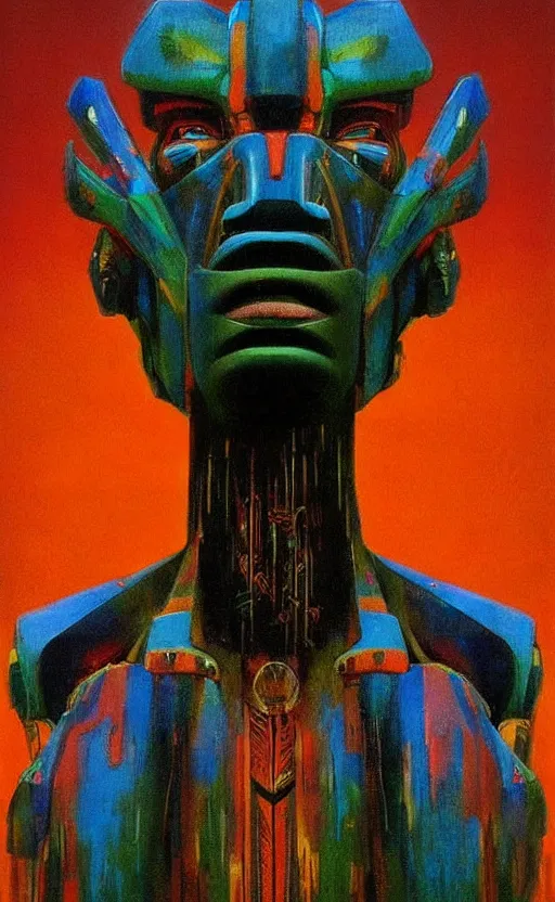 Image similar to portrait of mecha african tribal chief, symmetrical, dramatic lighting, colourful, art by zdzislaw beksinski,