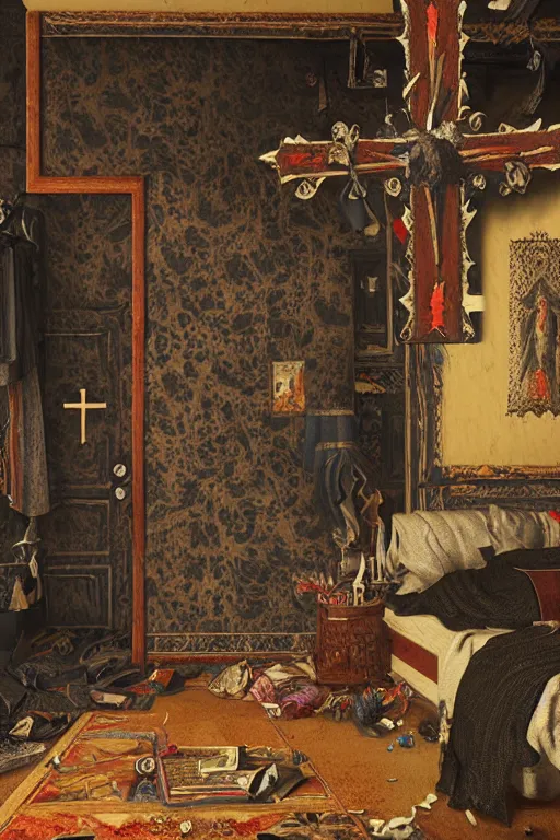 Prompt: male artist's messy, cluttered bedroom with dark black cornflower floral wallpaper pattern and a large christian cross hanging on the wall. items covering floor. catholic cross hanging on wall. realistic, highly detailed, sharp focus, volumetric lighting, full shot, wide view, unreal engine, art by vittore carpaccio