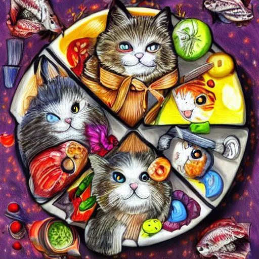 Image similar to cats slicing open fish on a platter in maiden outifts. Cute drawing, colorful deep meaning trending on artstation.