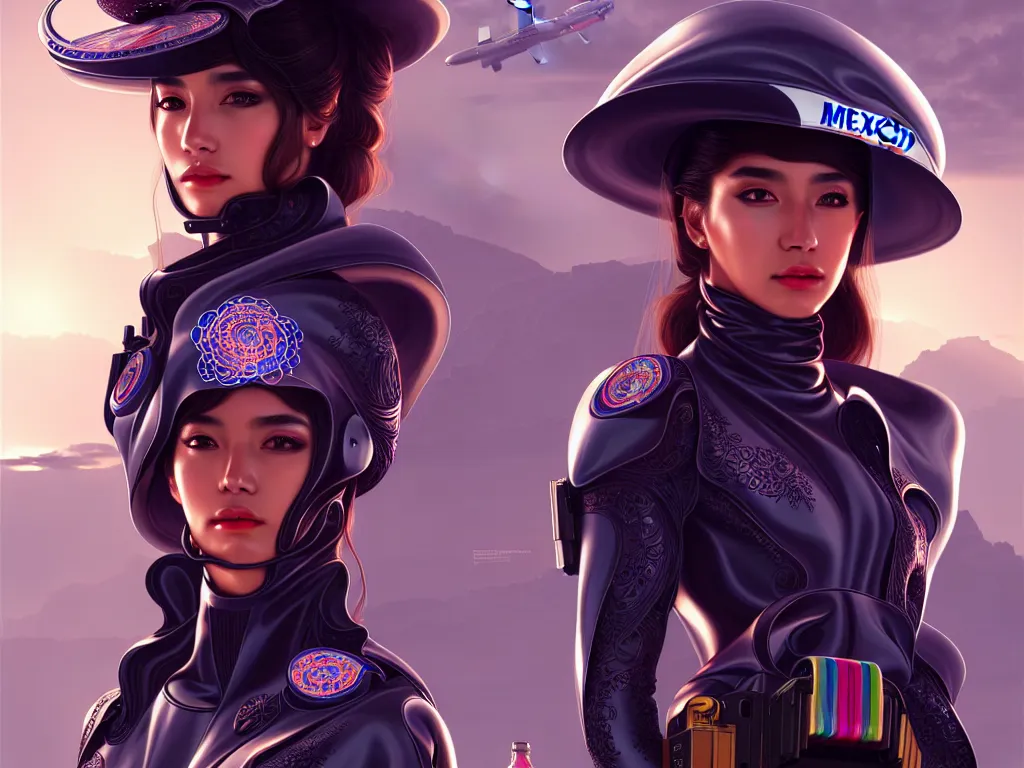 Prompt: portrait futuristic mexico police uniform girl, at future neon light rooftop, ssci - fi and fantasy, intricate and very very beautiful and elegant, highly detailed, digital painting, artstation, concept art, smooth and sharp focus, illustration, art by tan zi and ayanamikodon and alphonse mucha and wlop