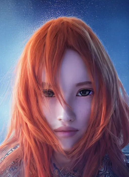 Prompt: beautiful portrait of Asuna Yuuki, orange flowing hair, magical, forest, sunset, blue mist, rain, symmetrical face, large hazel eyes, pale, hyper realistic, digital art, octane render, trending on artstation, artstationHD, artstationHQ, unreal engine, 4k, 8k