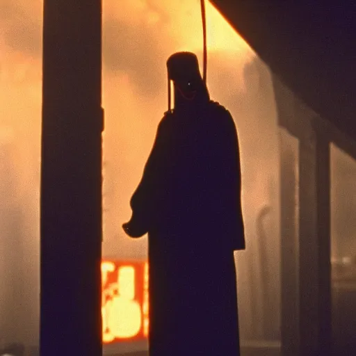 Image similar to the grim reaper. still from blade runner.