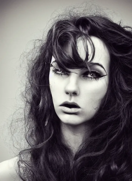 Image similar to dramatic photo of a woman with super wavy snake marble hair. moody and melanchonic.