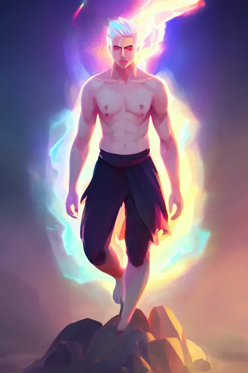 Image similar to a human elemental sorcerer, mountainous lake setting, colorful magic effects, white skin, portrait, male, clothed, sharp focus, digital art, concept art, trending on artstation, dynamic lighting, by emylie boivin and rossdraws