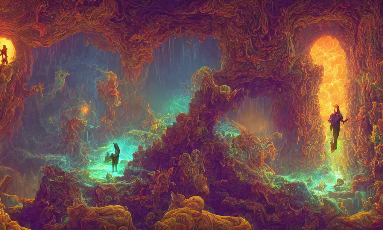 Image similar to large kerberos realm, wizard issues ticket close up, reading a directory, colorful ravine, 3 d art, digital illustration, perfect lighting